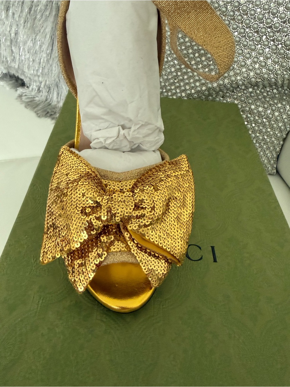 Gucci Gold Sequin Espadrille Wedge Sandals with Ankle Wrap - Picture 4 of 11